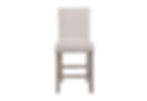 Light fabric upholstered bar stool with studded trim and wooden legs.
