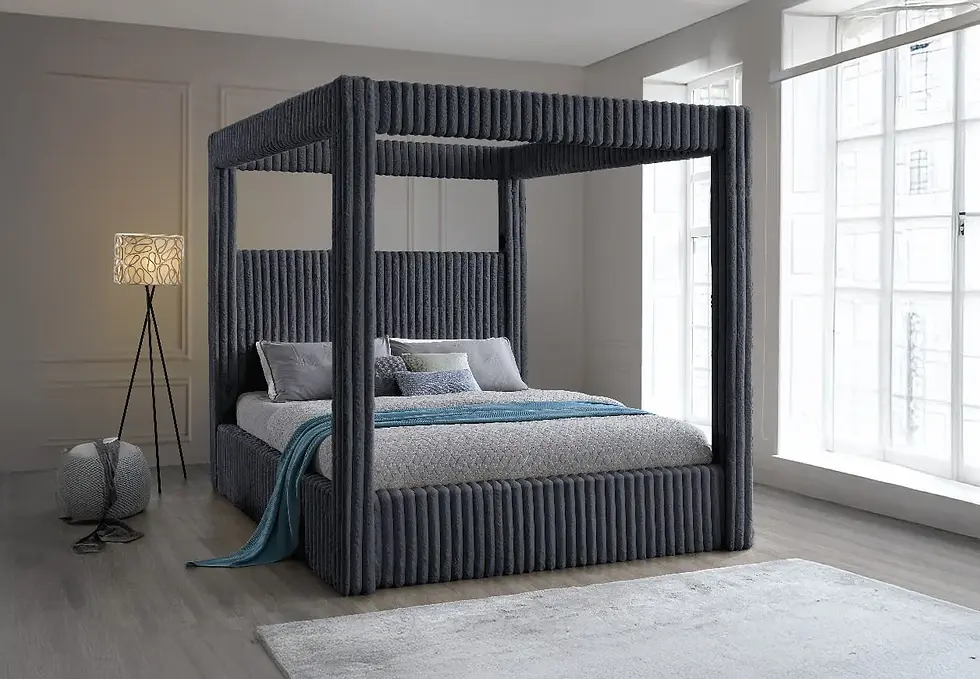 Dark gray ribbed canopy bed in a modern bedroom setting.
