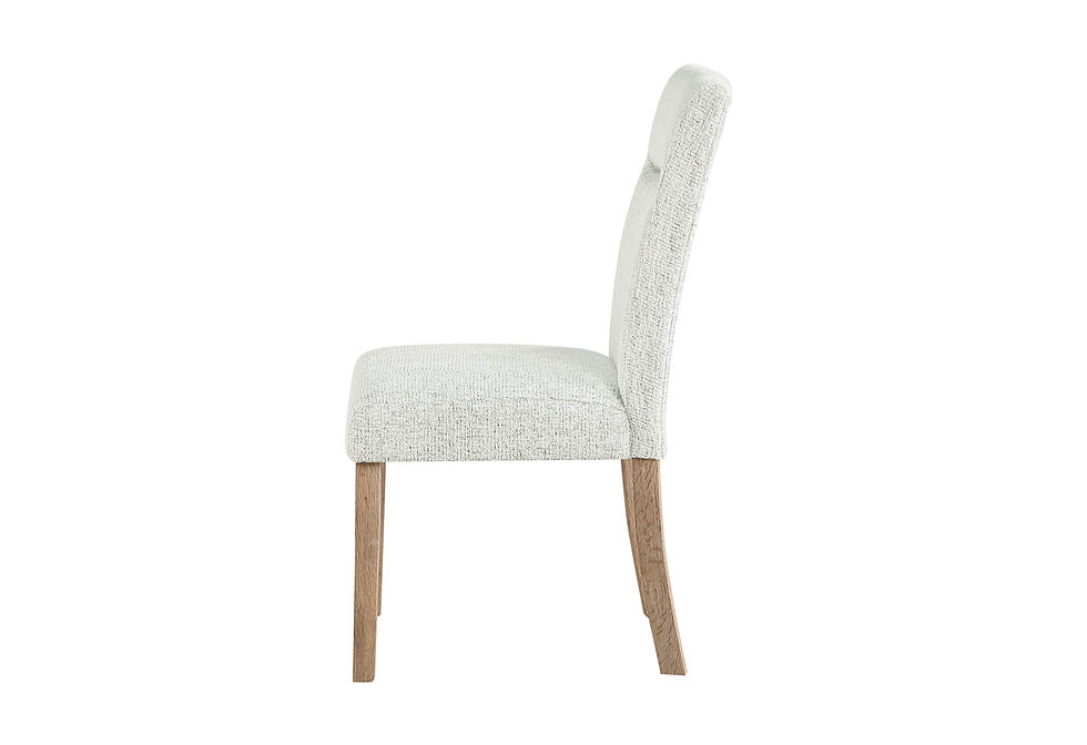 Thumbnail: Side view of a cream upholstered dining chair with wooden legs.
