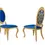 Thumbnail: Pair of ornate gold chairs with royal blue velvet upholstery.