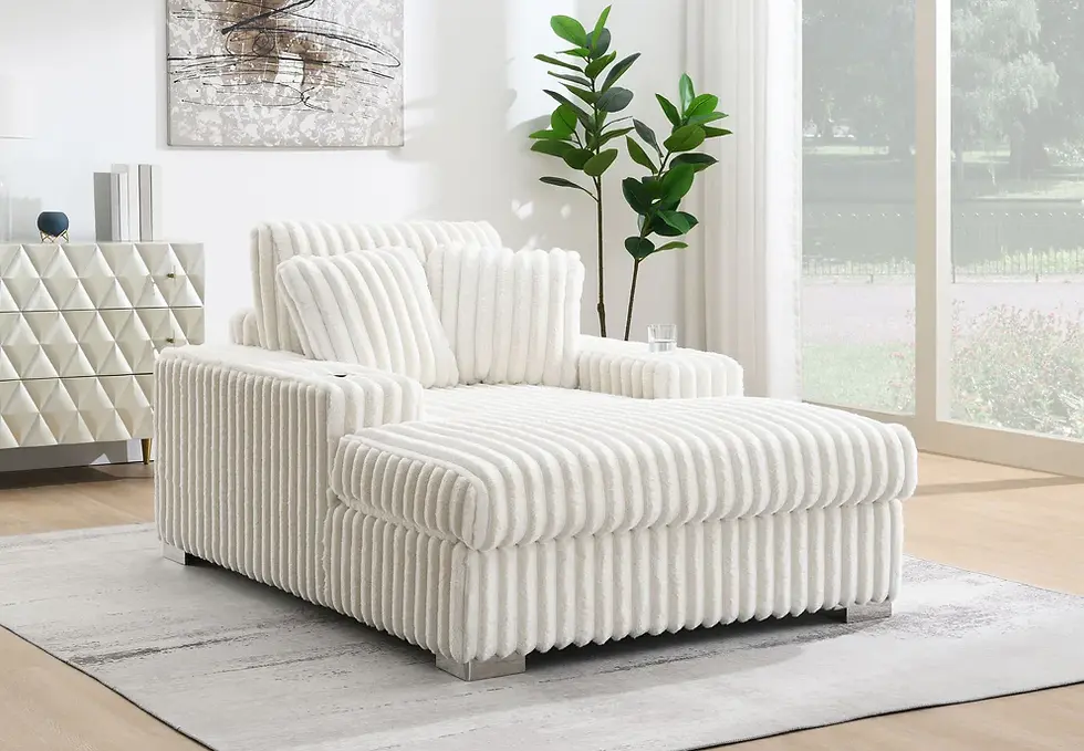 Thumbnail: White ribbed chaise lounge chair in a modern living room setting.