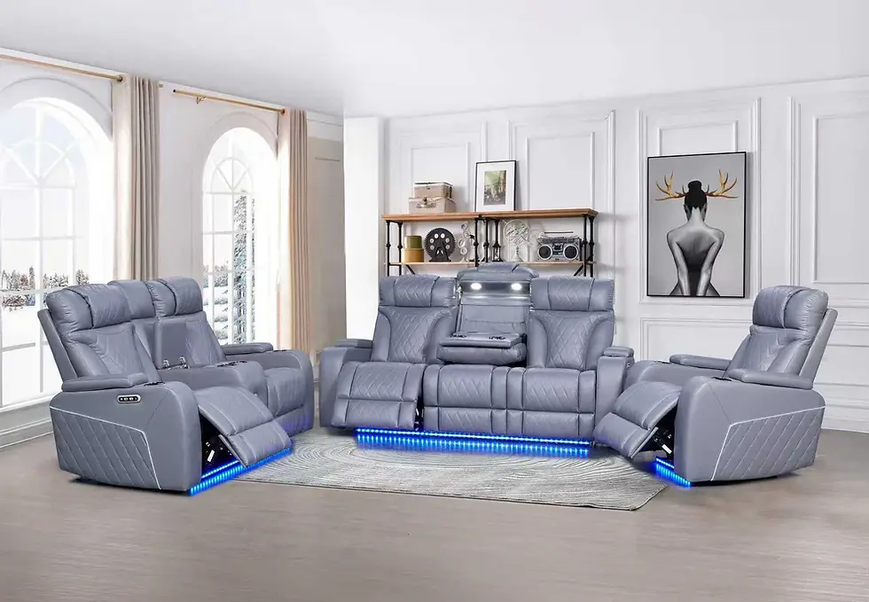 Thumbnail: Modern gray reclining living room set with blue LED accent lighting.