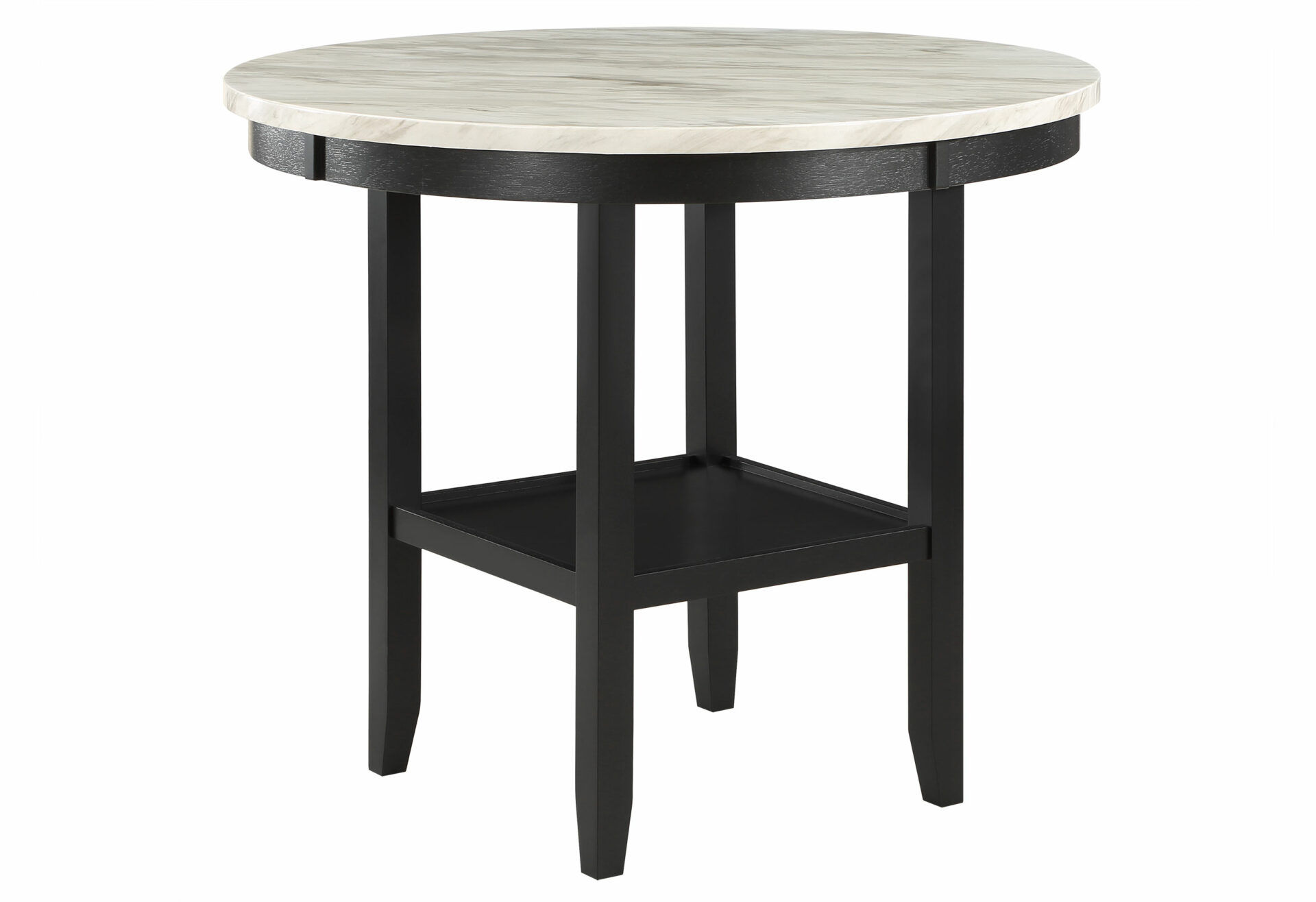 Round table, light marble top, black wooden base, lower shelf