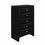 Thumbnail: Tall black five-drawer dresser, modern design, with silver drawer handles.