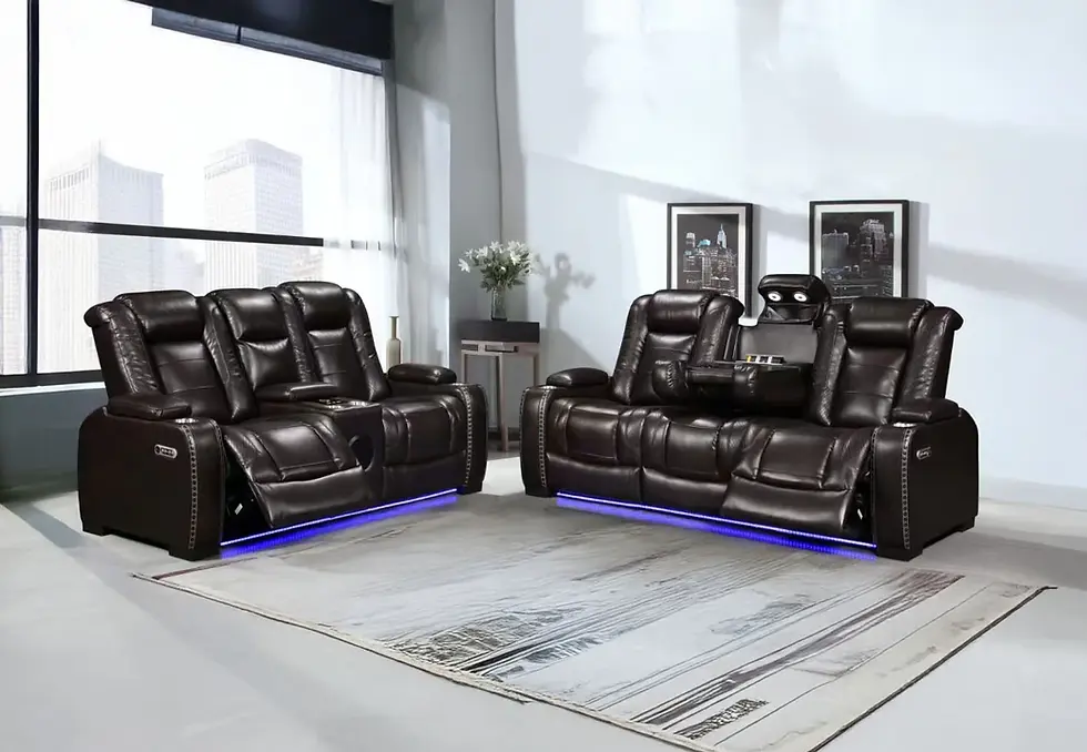 Modern dark brown leather reclining sofa set with blue LED lighting.