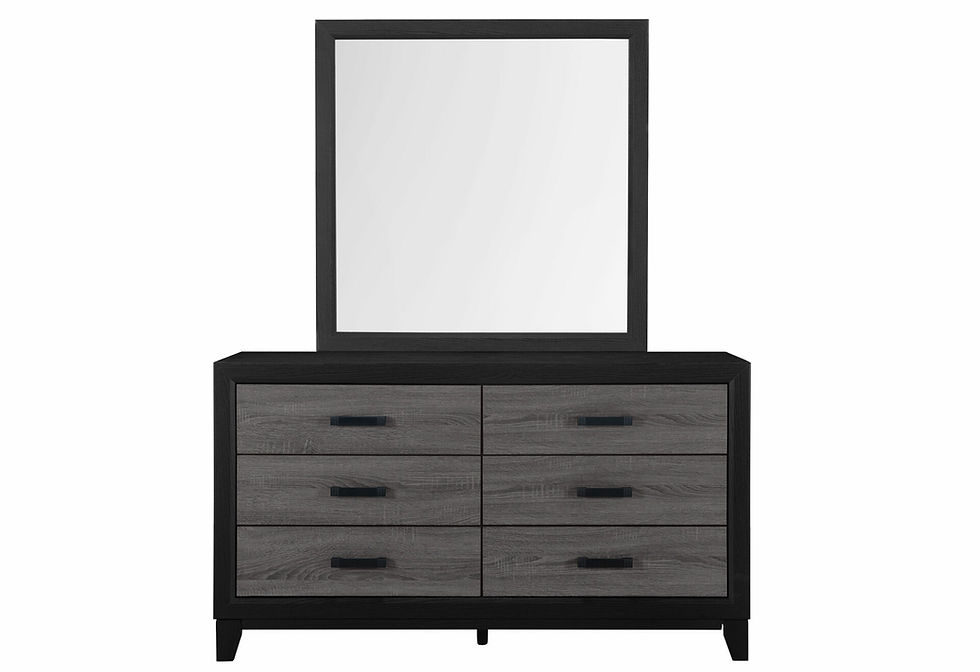 Thumbnail: Black and gray six-drawer dresser with matching square mirror.