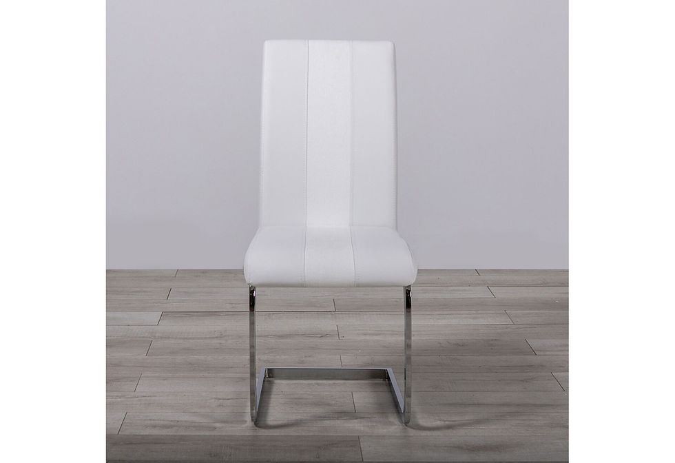 Thumbnail: White high-back dining chair with chrome cantilever base on wooden floor.
