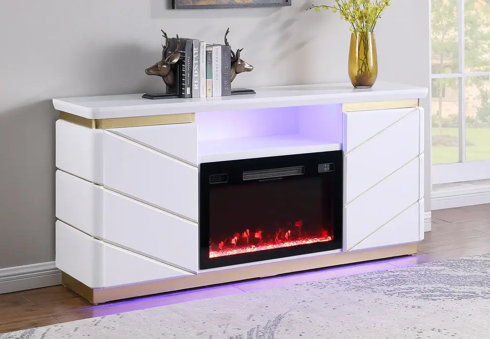 White modern fireplace TV stand with gold accents and LED lights.