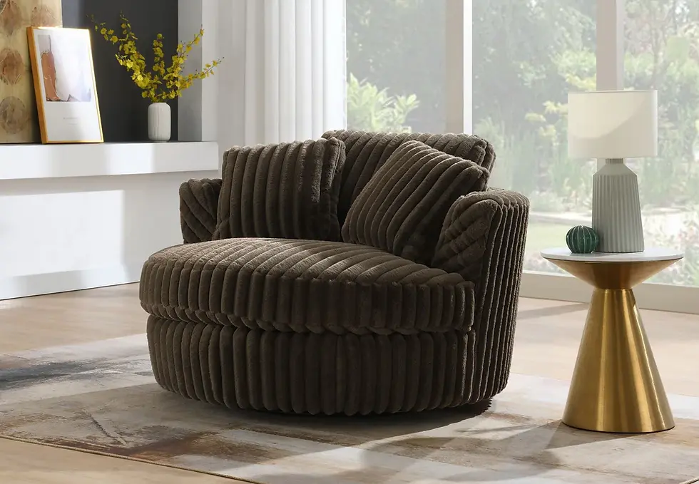 Stylish dark brown ribbed swivel accent chair in a modern living room.