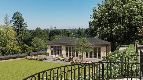 A charming garden retreat nestled in lush greenery, featuring a guest house with elegant French doors opening to a serene patio. The manicured lawn, vibrant flower beds, and picturesque landscape create a tranquil sanctuary with sweeping hillside views.