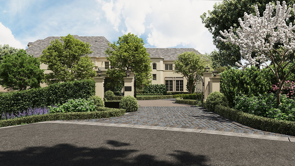 A grand estate entrance framed by lush greenery and a blooming white flowering tree. The driveway is elegantly paved, leading to a sophisticated residence surrounded by meticulously landscaped gardens, hedges, and vibrant lavender accents.