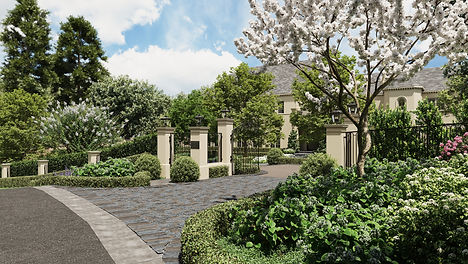 A classic white mailbox stands elegantly at the entrance, surrounded by lush greenery and delicate flowering plants. The neatly designed fence and well-manicured landscape create a welcoming and timeless curb appeal.