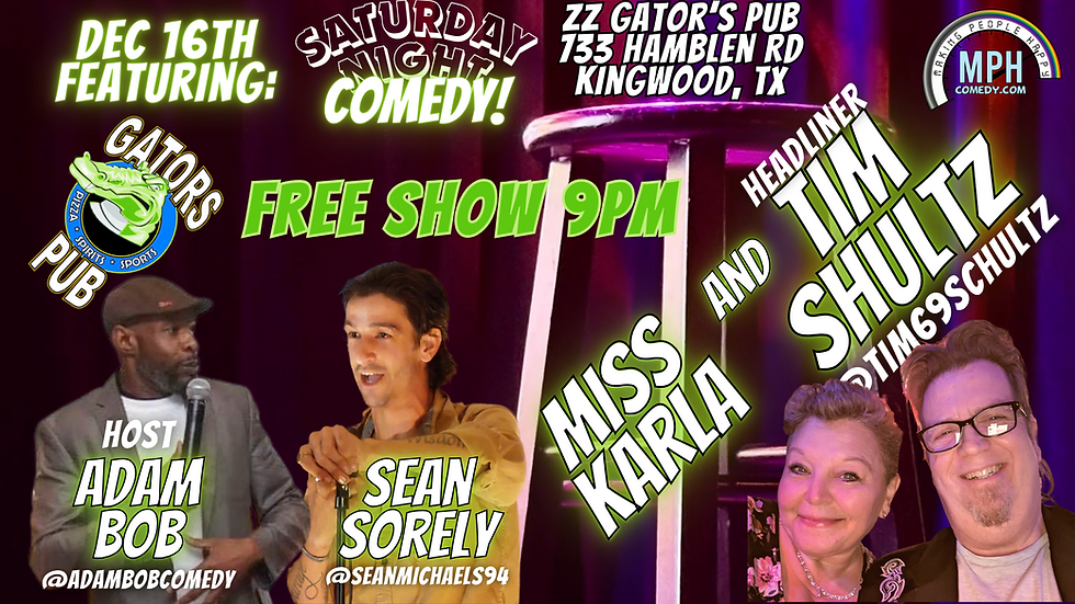 ZZ Gator's Cove Pub December 16th Saturday Night Comedy