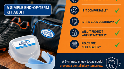 Game Guard gumshield and storage case alongside sports kit during an end-of-term check to determine whether the mouthguard is ready for next season.