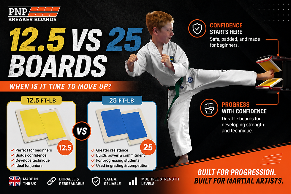12.5 vs 25 breaker boards comparison infographic showing beginner and intermediate PNP Breaker Boards, highlighting confidence building, skill progression, strength development, and martial arts board breaking training.