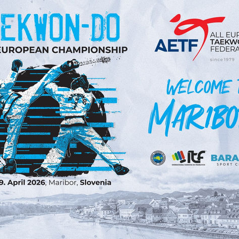 2026 AETF European Taekwon-Do Championships promotional banner in Maribor Slovenia featuring ITF Taekwon-Do competitors and AETF branding