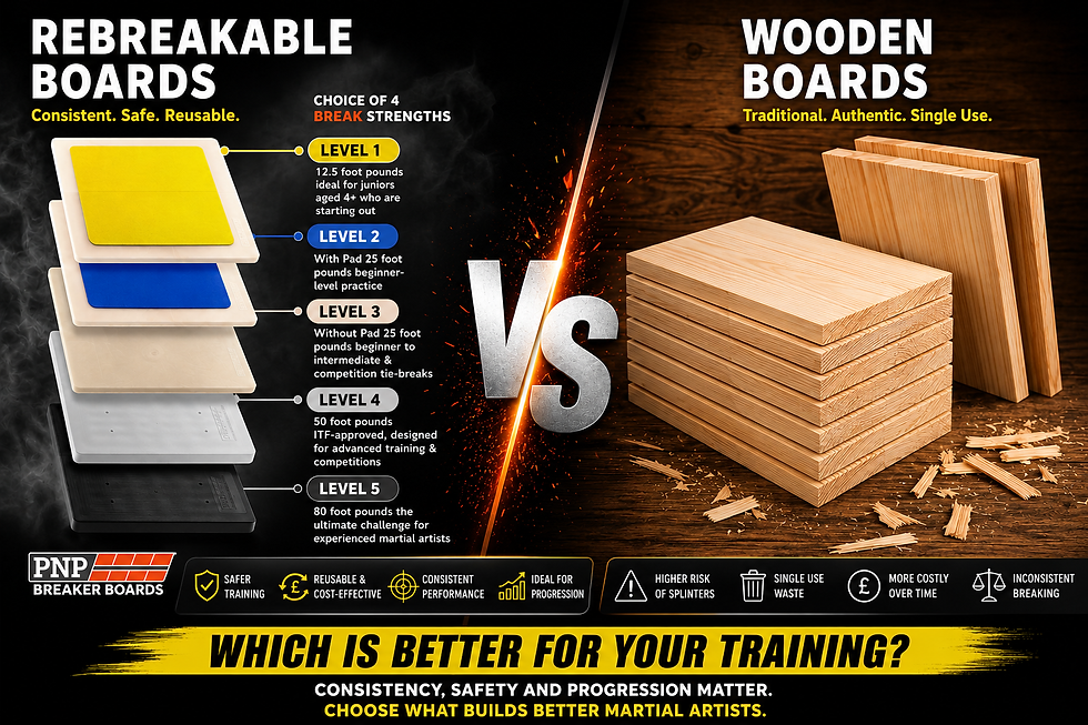 Wooden vs Rebreakable Boards comparison infographic showing reusable PNP Breaker Boards alongside traditional wooden martial arts breaking boards for Taekwon-Do and Karate training.