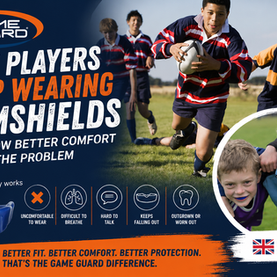 Why players stop wearing gumshields infographic featuring youth rugby players and Game Guard mouthguards, highlighting comfort, fit, breathing, communication and protection benefits.
