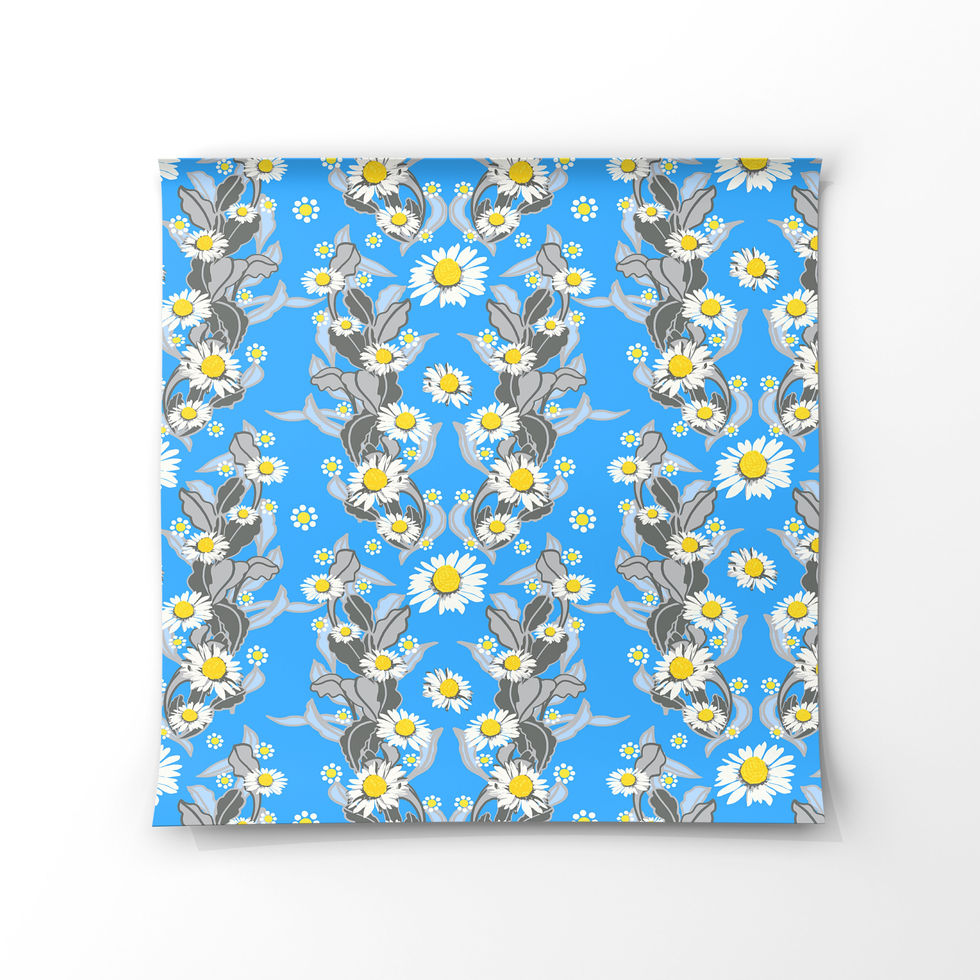 Square Repeating Hero half drop Pattern tile. The Structural Abstract Floral design has a one way vertical stripe placement. It is in an Arts and Craft inspired style. Sky blue background with grey outlined leaves for texture. The Pattern design is composed of a variety of grey and blue leaves and daisy flowers. Created as a vector image.