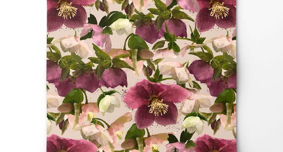 The image is a repeating pattern tile of burgundy red Hellebores on a beige/peach background. The flowers are painted in a water colour style with green leaves and smaller cream and white Hellebore blooms. The artist has finished the print with delicate a paint splatter detail of the colours used.