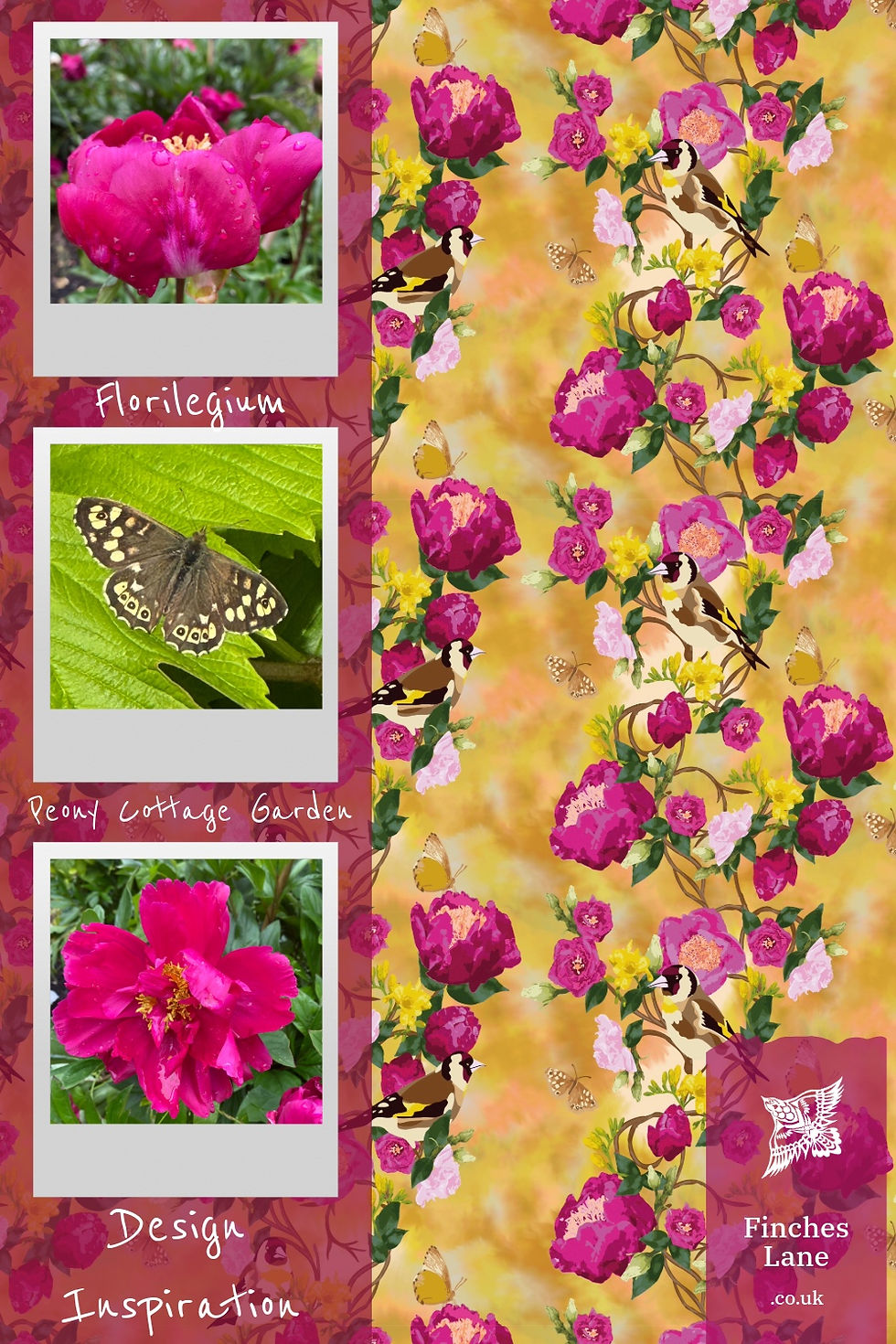 a pattern design and photos featuring the deep pink peonies with little finches and butterflies