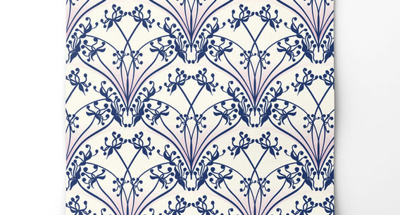 A repeating pattern on a fish scale design in pink and blue. Each scale has a gradient pink background from bottom to white on the top. Over this The silhouette of the Japanese anemone leaves and buds is symmetrically placed in a intertwined way.