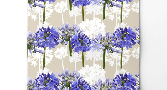 Square Repeating Hero Pattern tile. The Realistic Floral design has a one way horizontal stripe placement. It is in a mid century modern style in digital watercolours. Pale grey background with silhouetted white Agapanthus abstract flower outlines. The Pattern design is dark royal blue and mid blue painted Agapanthus with a green stalks. Created as a raster image. Part of the Finches Lane Agapanthus Collection.