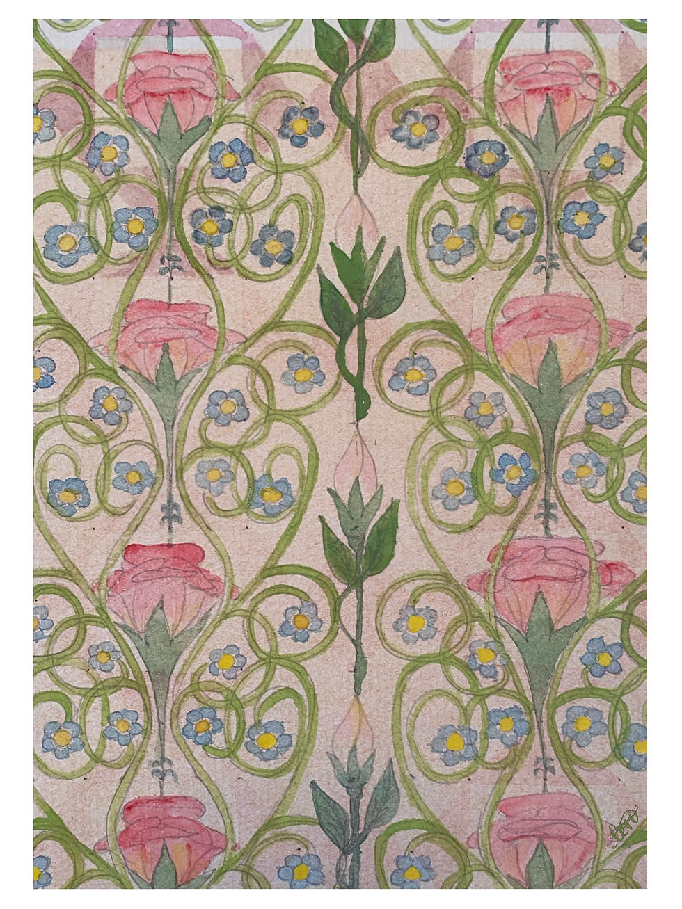 A pattern painted in greens and pinks with roses and blue flowers .