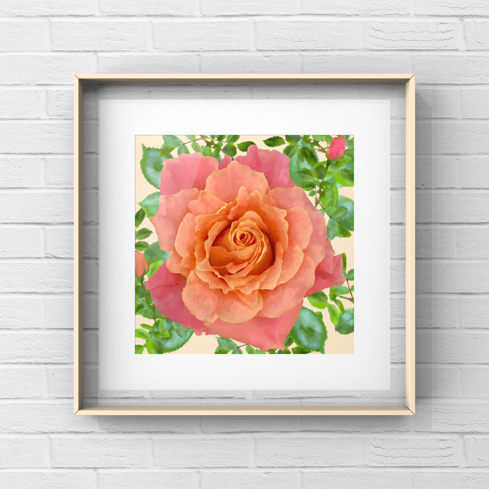 Mock up frame of a large orange, watercolour rose painting surrounded by buds and leaves on a cream background.