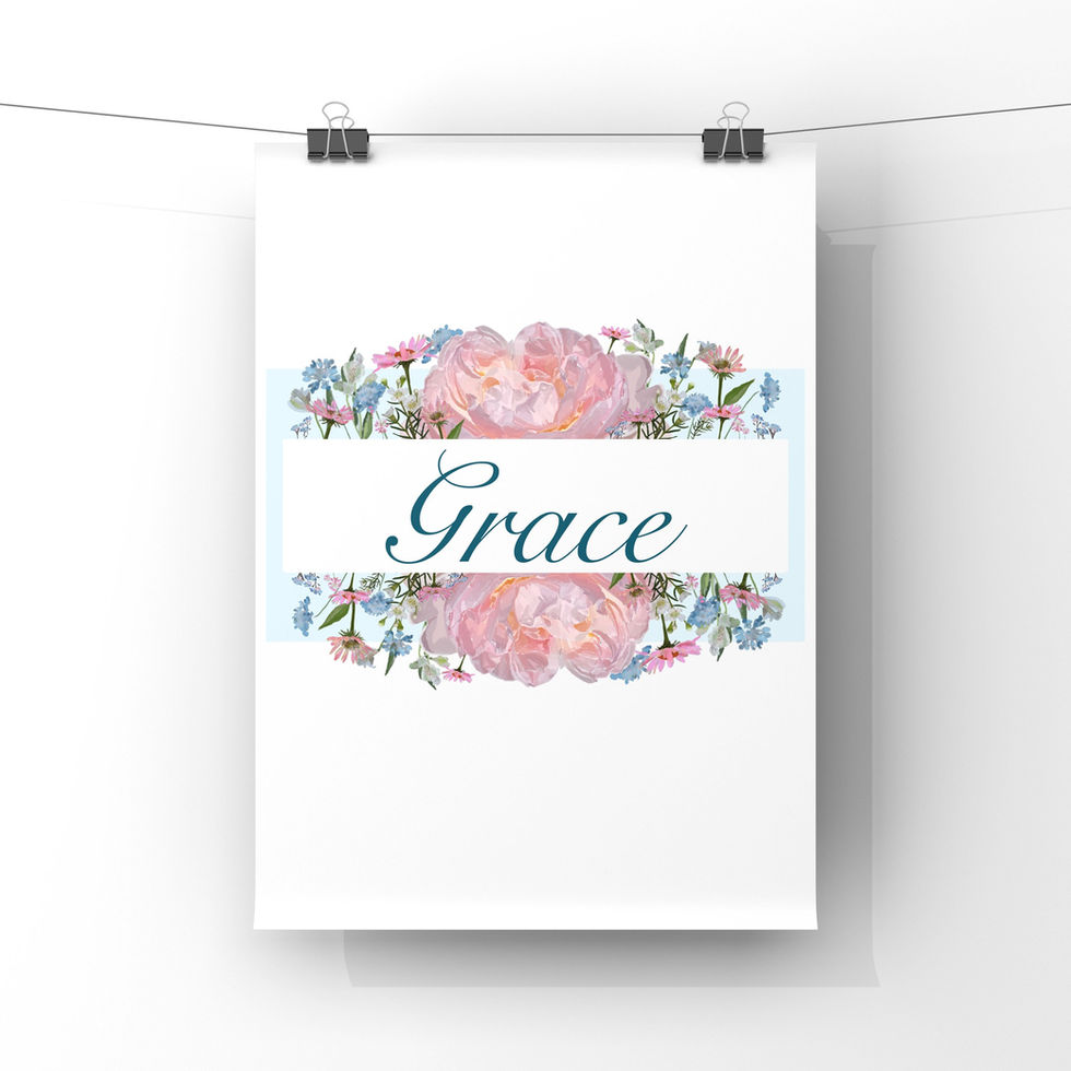 The Wedding Flower design has blue, pink and white flowers. The name Grace has an upper and lower border of the flowers. There is a large delicate pink rose in the centre of each border surrounded by small summer flowers with blue scabious, pink echinacea and white ice flowers.