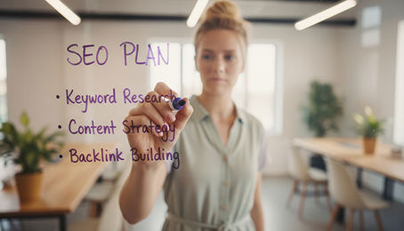 a woman handwriting on a clear board an SEO strategy plan, in a bullet point list including: keyword research, content strategy, backlink building