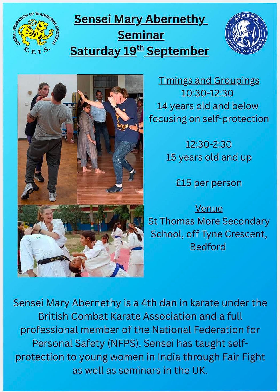 A poster advertising the Sensei Mary Abernathy Course with CFTS on September 19th September, at St Thomas More Secondary School, Bedfordshire