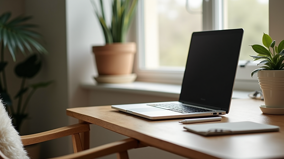 Close-up view of a serene home office setup with a laptop and a cozy chair