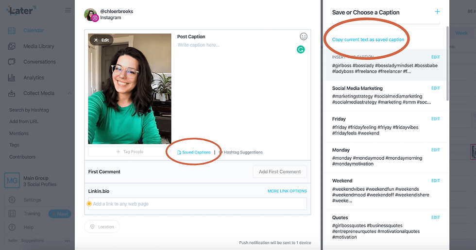 Saved Captions feature in scheduling tool Later