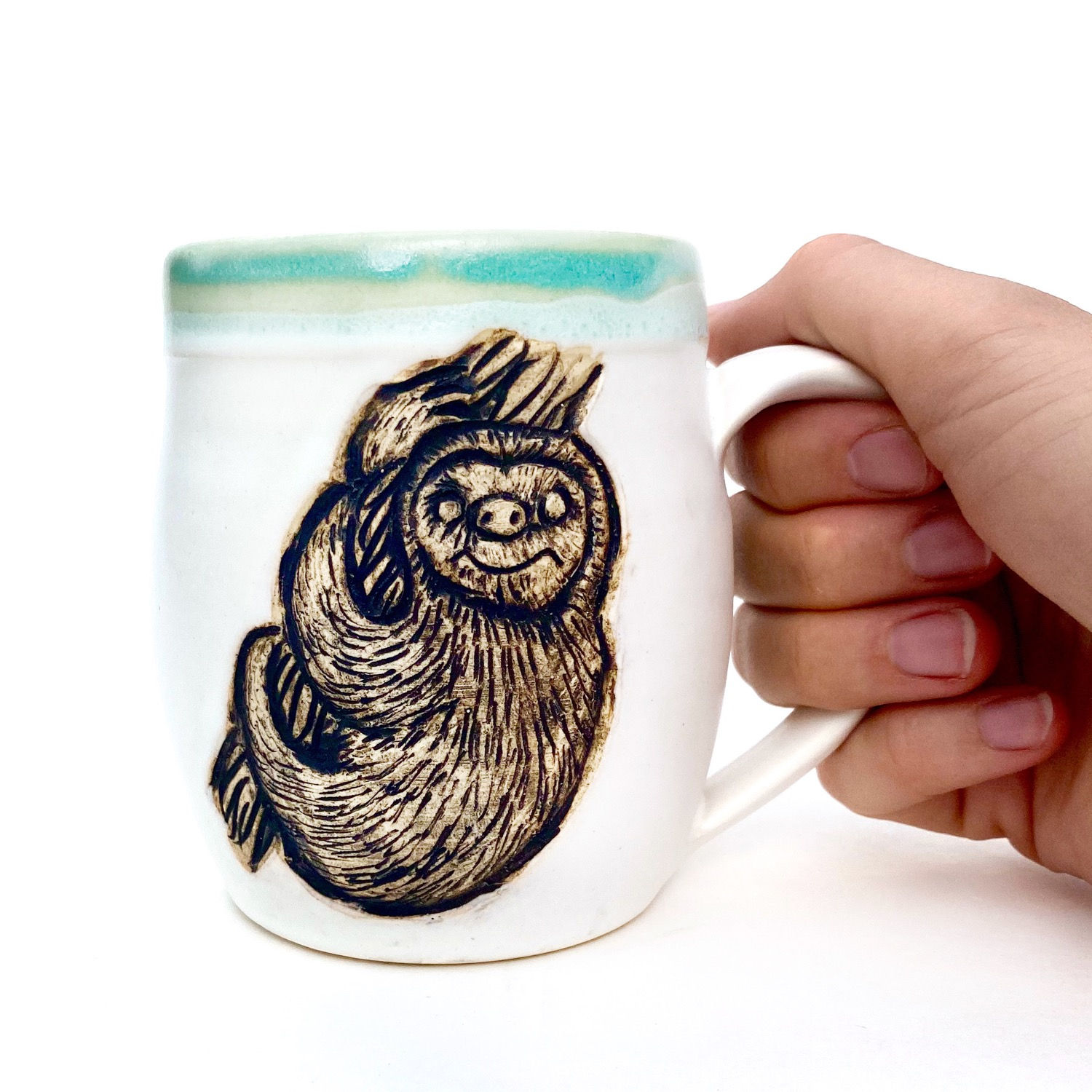 Sloth Pottery Mug, Handcarved Ceramic cup, Handmade Wheel thrown