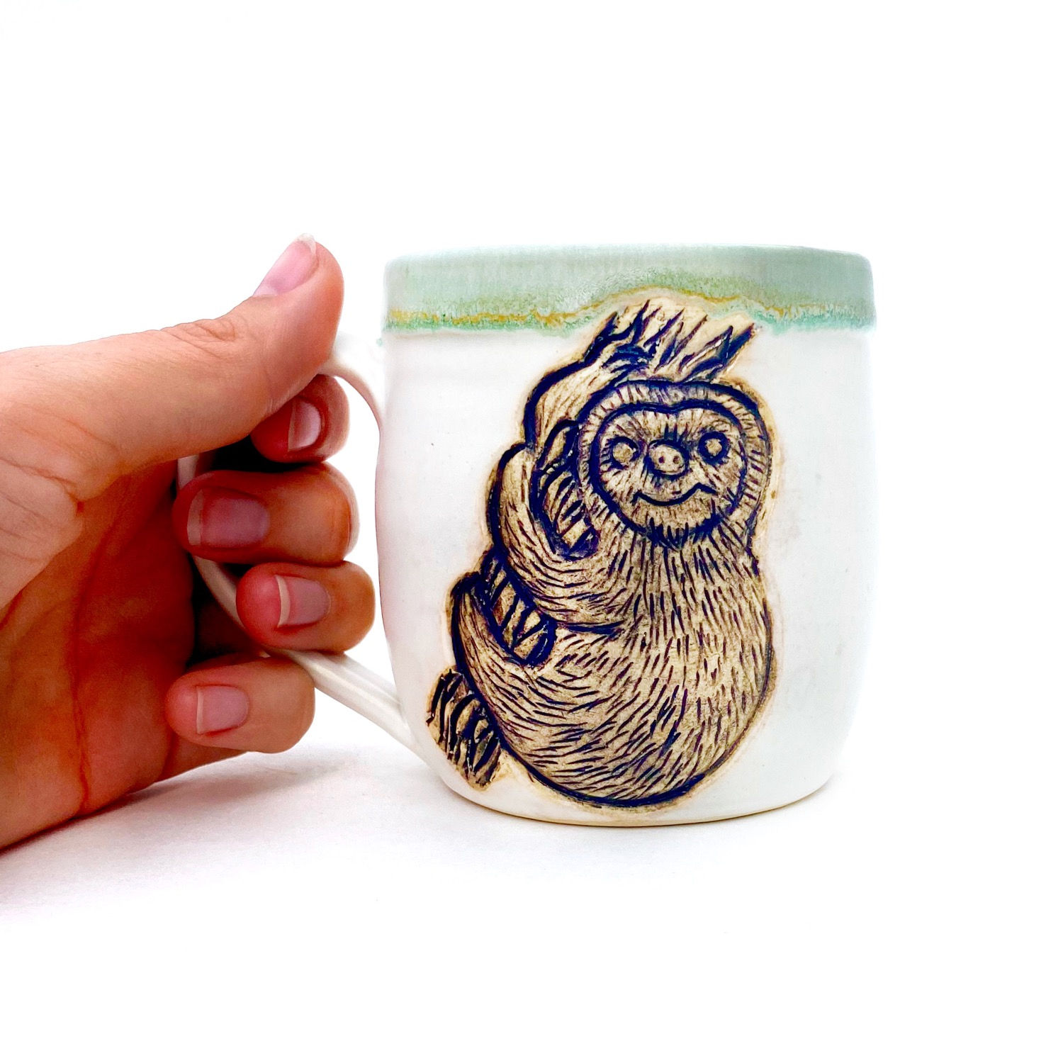 Sloth Pottery Mug, Handcarved Ceramic cup, Handmade Wheel thrown