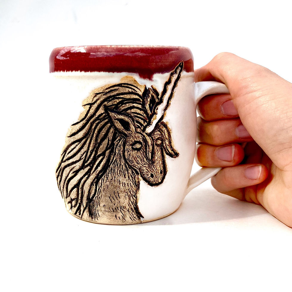 Unicorn Pottery Mug, Handcarved Ceramic cup, Handmade Wheel thrown