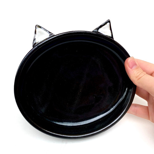 Black Pottery Cat Dish, Handmade Elevated Bowl, Cat Ears Bd04 Amanda