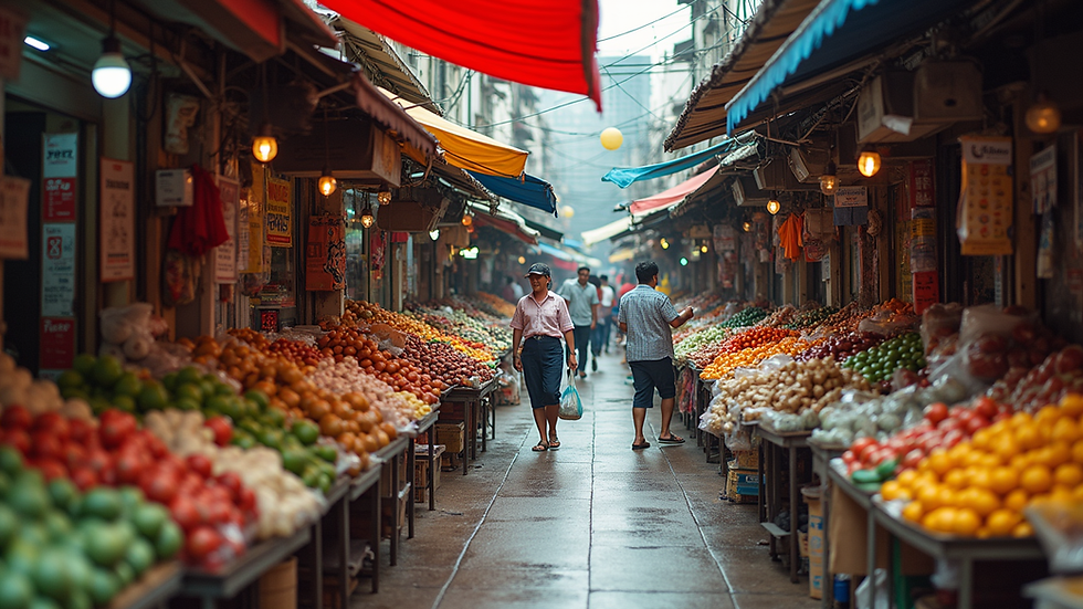 High angle view of a bustling Thai market filled with colorful goods