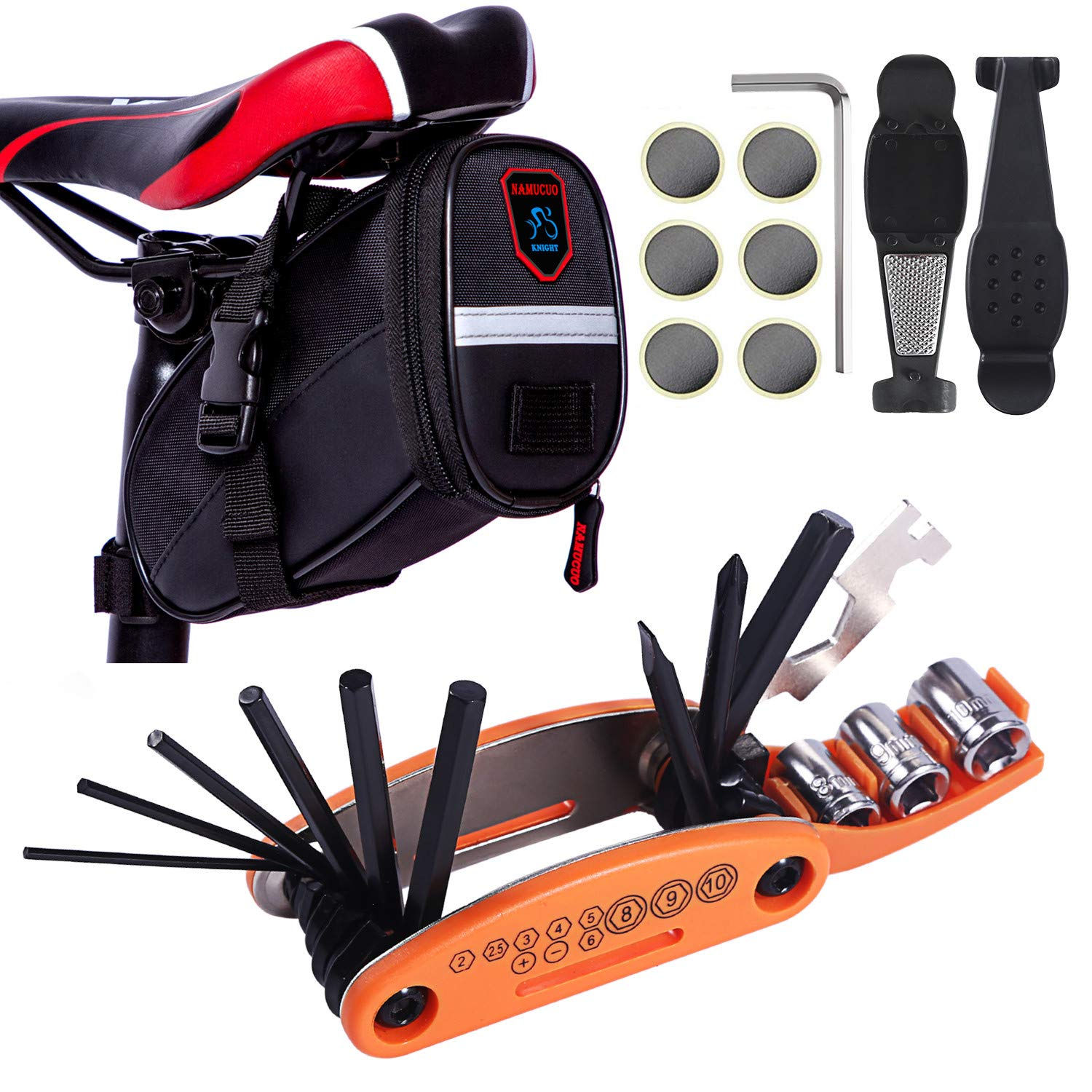 YBEKI Cycle Fix Kit - 16-in-1 Bike Tools & Saddle Bag (Orange)