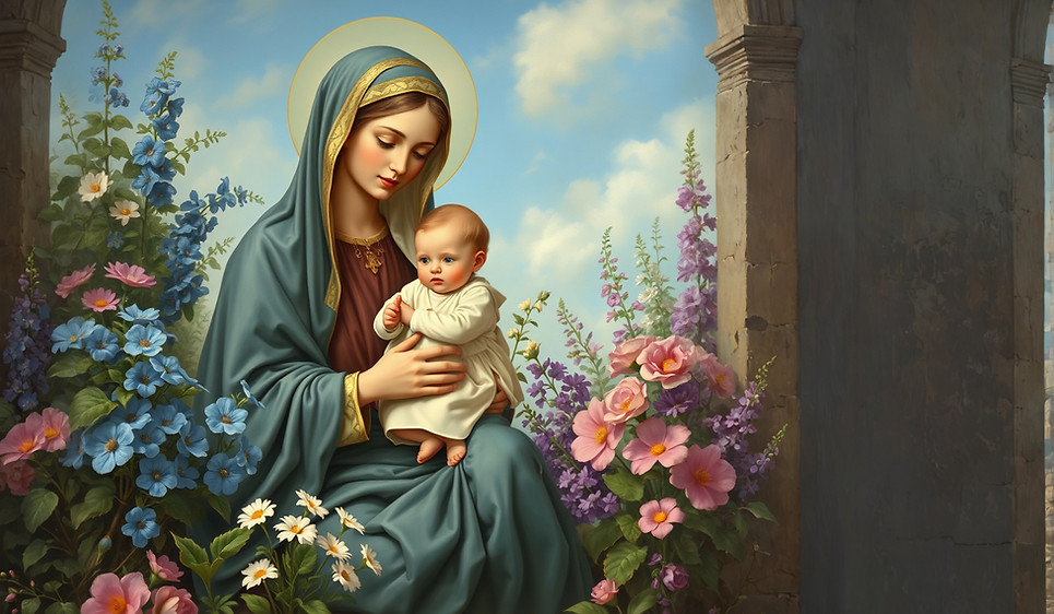 Blessed Mother with white-robed baby Jes