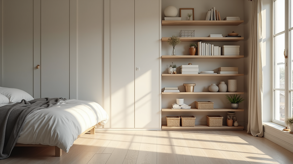 Eye-level view of a tidy bedroom with organized shelves and a clean floor
