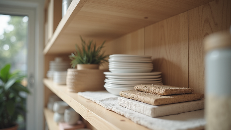 Eye-level view of a neatly organized shelf with minimal decor