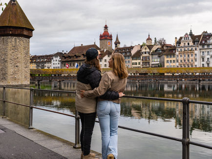 Brian & Steph in front of Chapel Bridge in Lucerne Switzerland