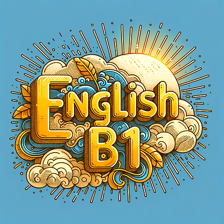 In golden letters the words English B1 float in a tempest cloud as the sun peaks out from behind