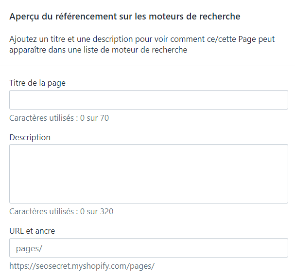 Menu Shopify : aperçu du référencement dans les moteurs de recherche