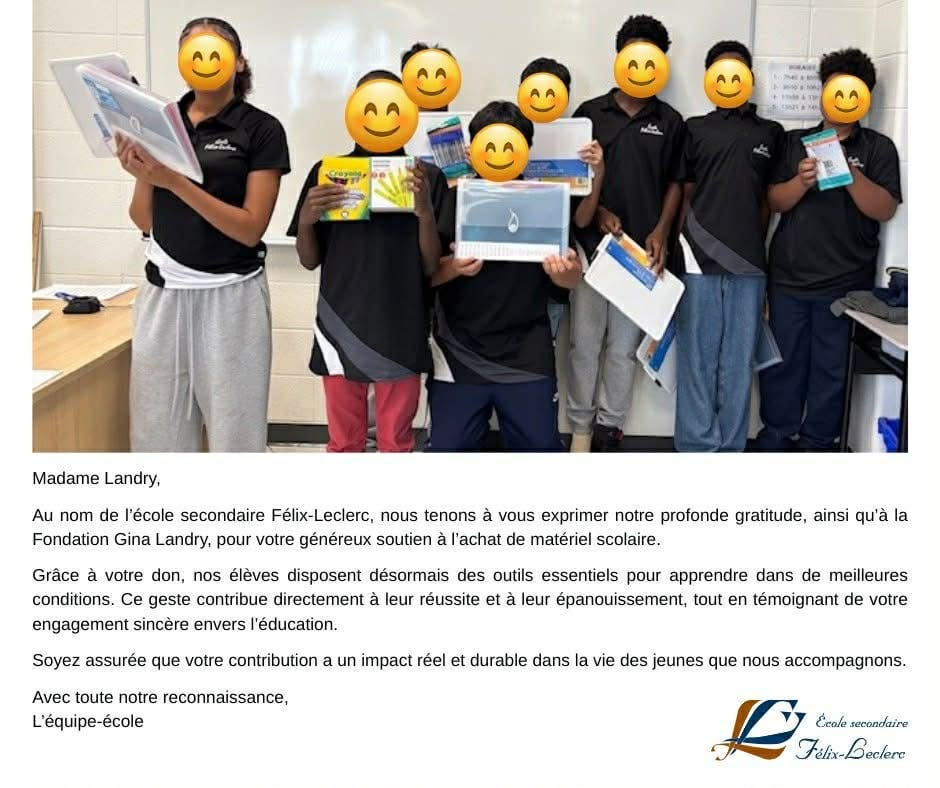 Élèves de l’école Félix-Leclerc recevant leurs fournitures scolaires dans le cadre d’une initiative de la Fondation Gina Landry