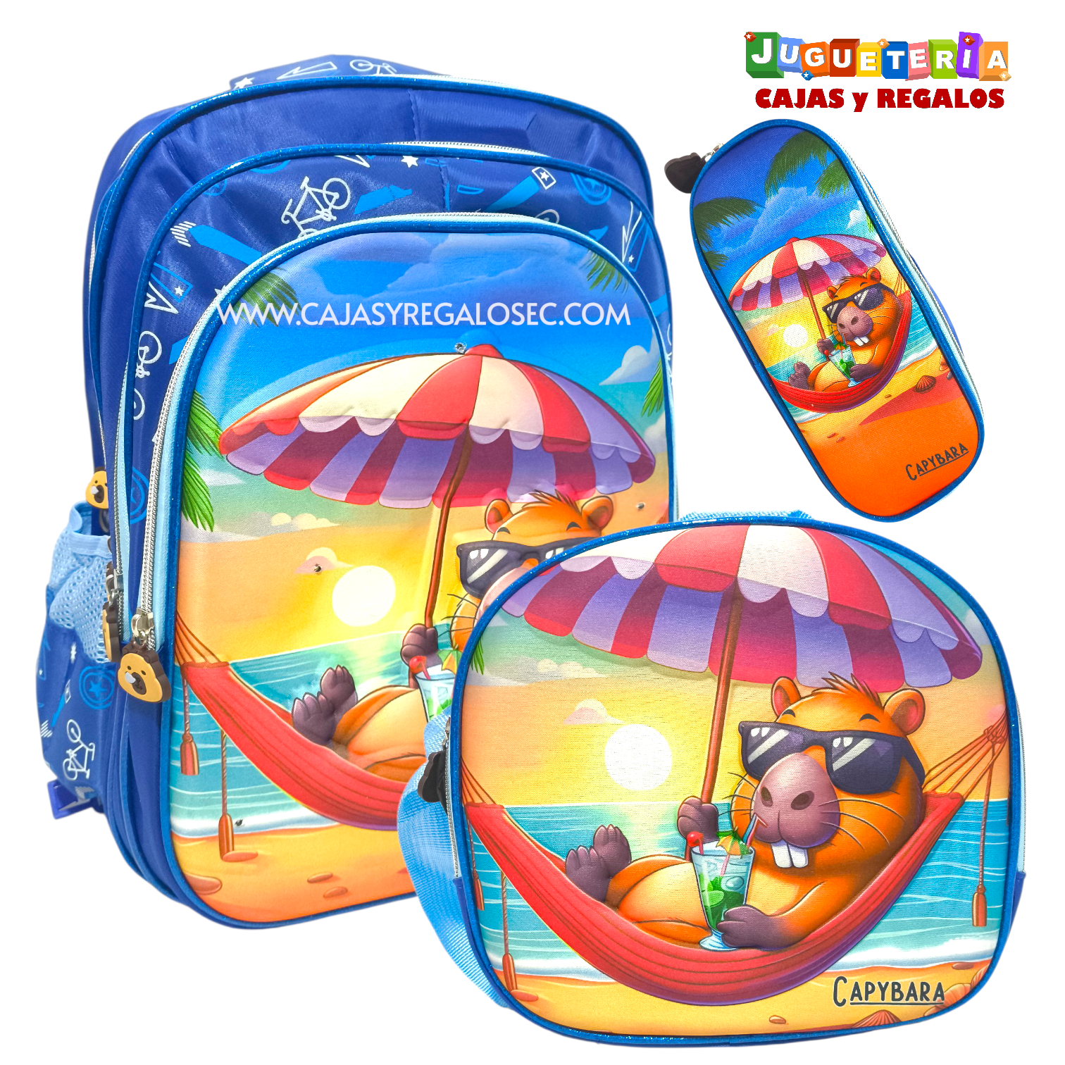 Mochila Escolar - 3 Piezas - Lonchera y Cartuchera - Capibara