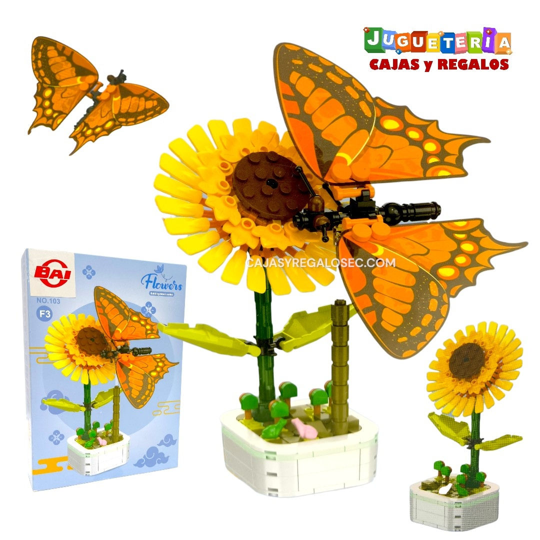 Bloques Armables - Flor Girasol con Mariposa y Maceta - Armables Ecuador - P5425