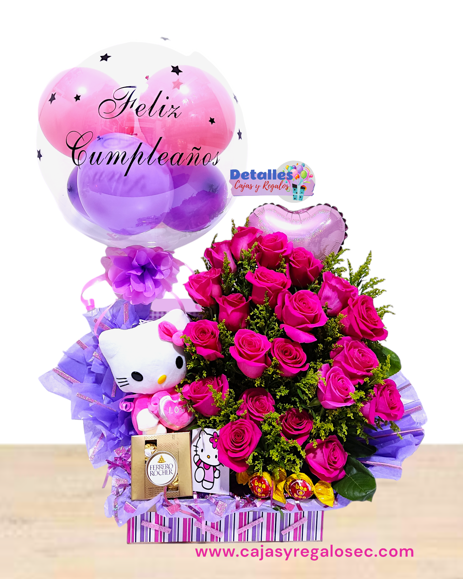 Detalle Personalizado Hello Kitty - Arreglo Floral Rosas Naturales - Ecuador